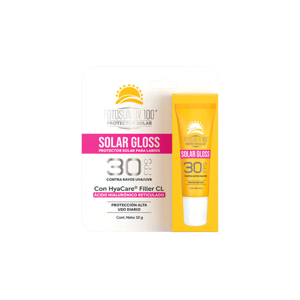 Bálsamo labial Potector Solar Gloss Fotosun UV100 FPS 30 HyaCare® Filler CL Textura hidratante no pegajosa