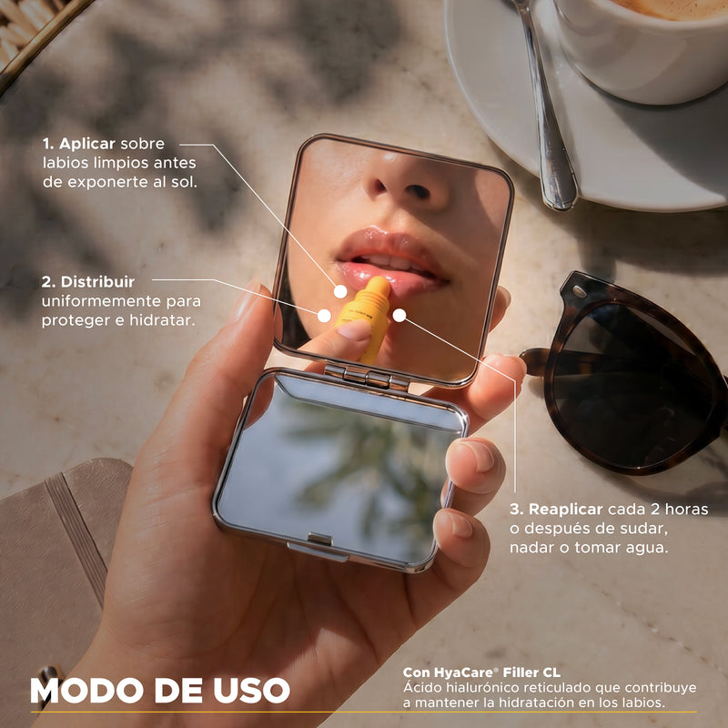 Bálsamo labial Potector Solar Gloss Fotosun UV100 FPS 30 HyaCare® Filler CL Textura hidratante no pegajosa